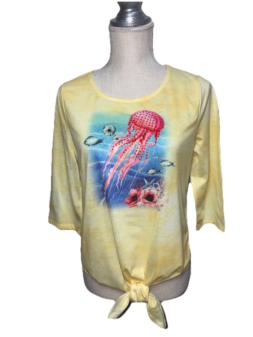 Coral Bay Yellow Tie-Hem Jellyfish Print Top Size PL